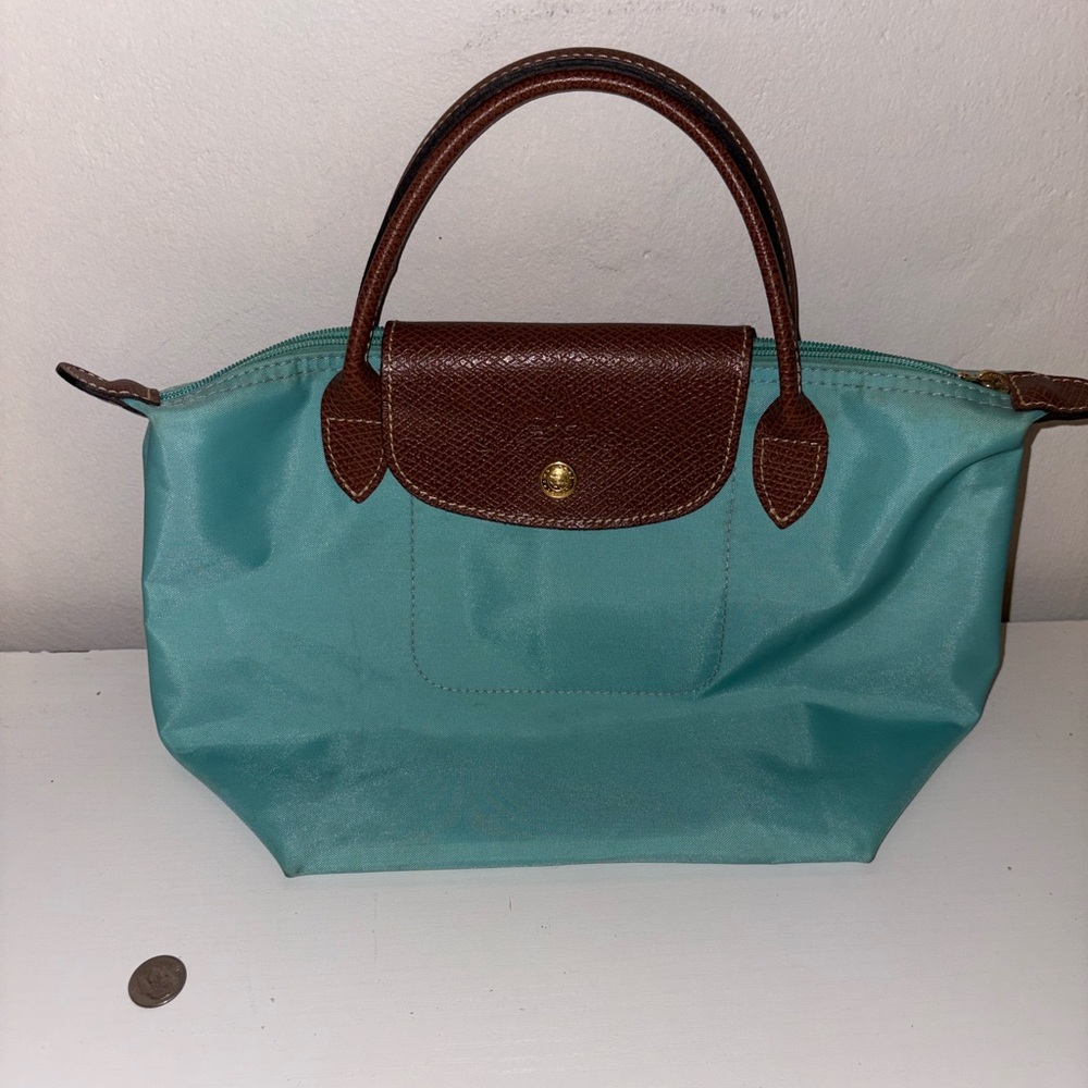 Longchamp Mini Bag in Aqua with Brown Trim